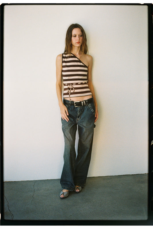 Kyla One Shoulder Top | Brown Stripe